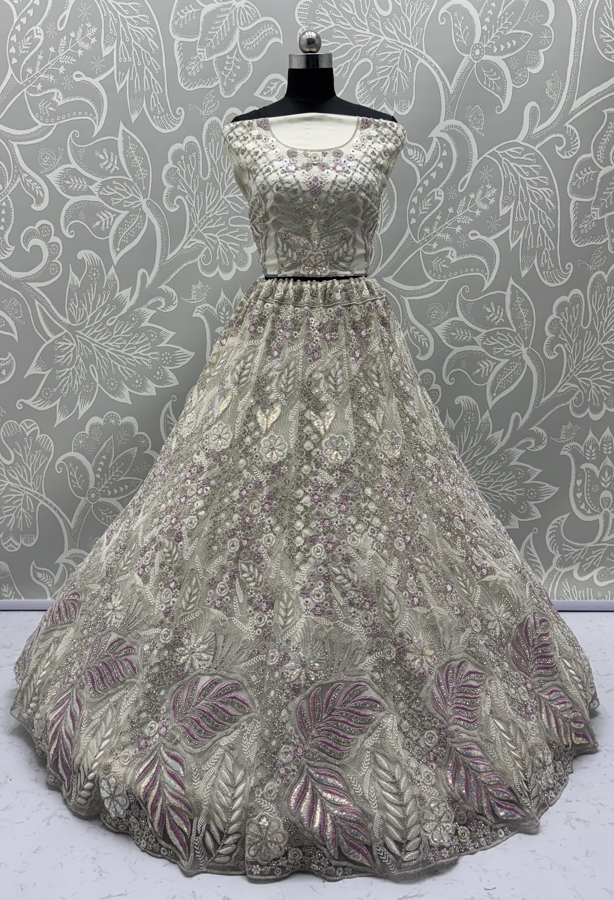 White Net Diamond, Dori, Embroidered, Fancy, Multi, Sequins, Thread and Zircon Work A - Line Lehenga Choli for Ceremonial